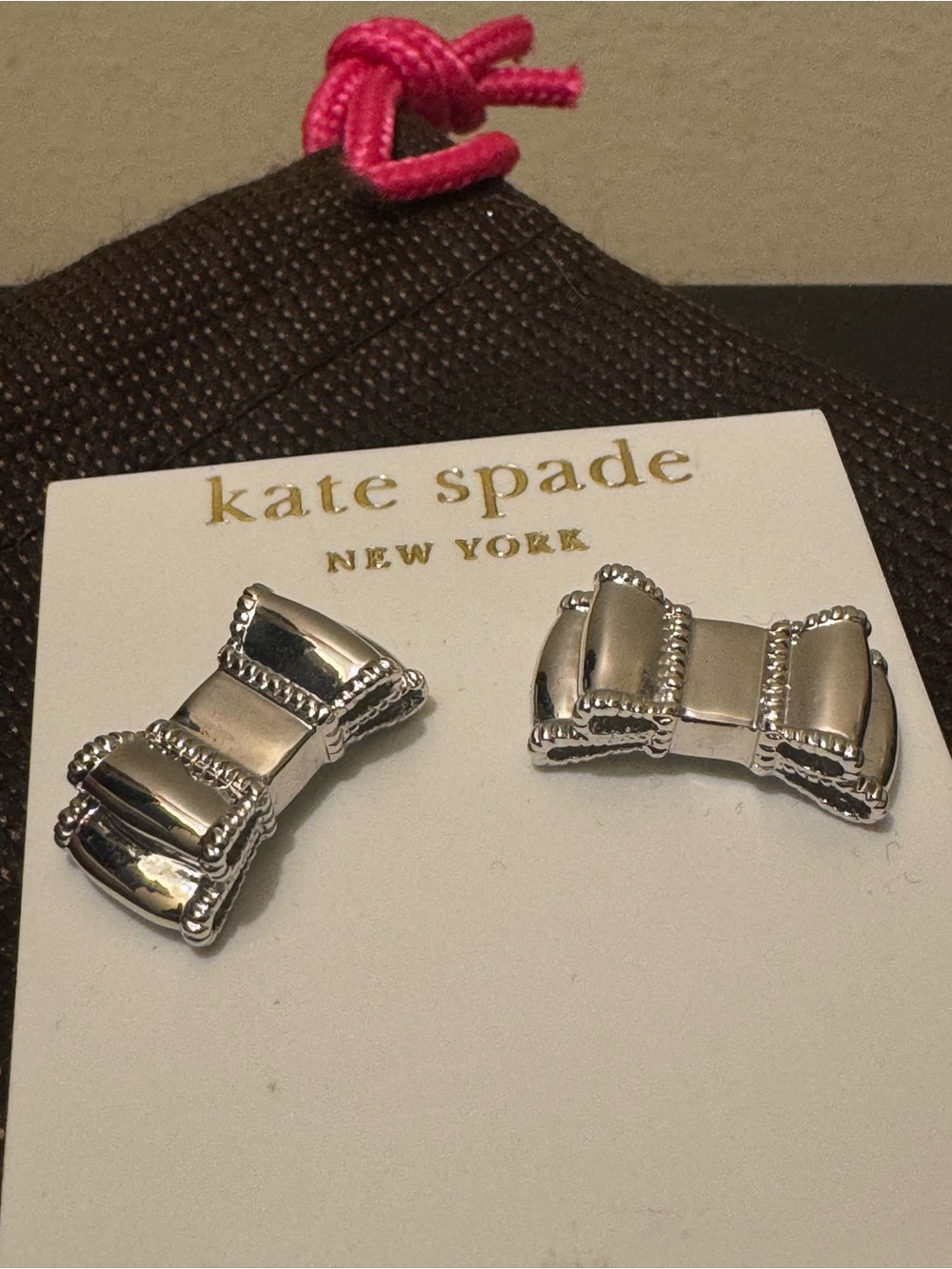 NWT Kate Spade "Skinny Mini" Bow Stud Earrings Silver w/ Pouch 00RU0514 Boutique